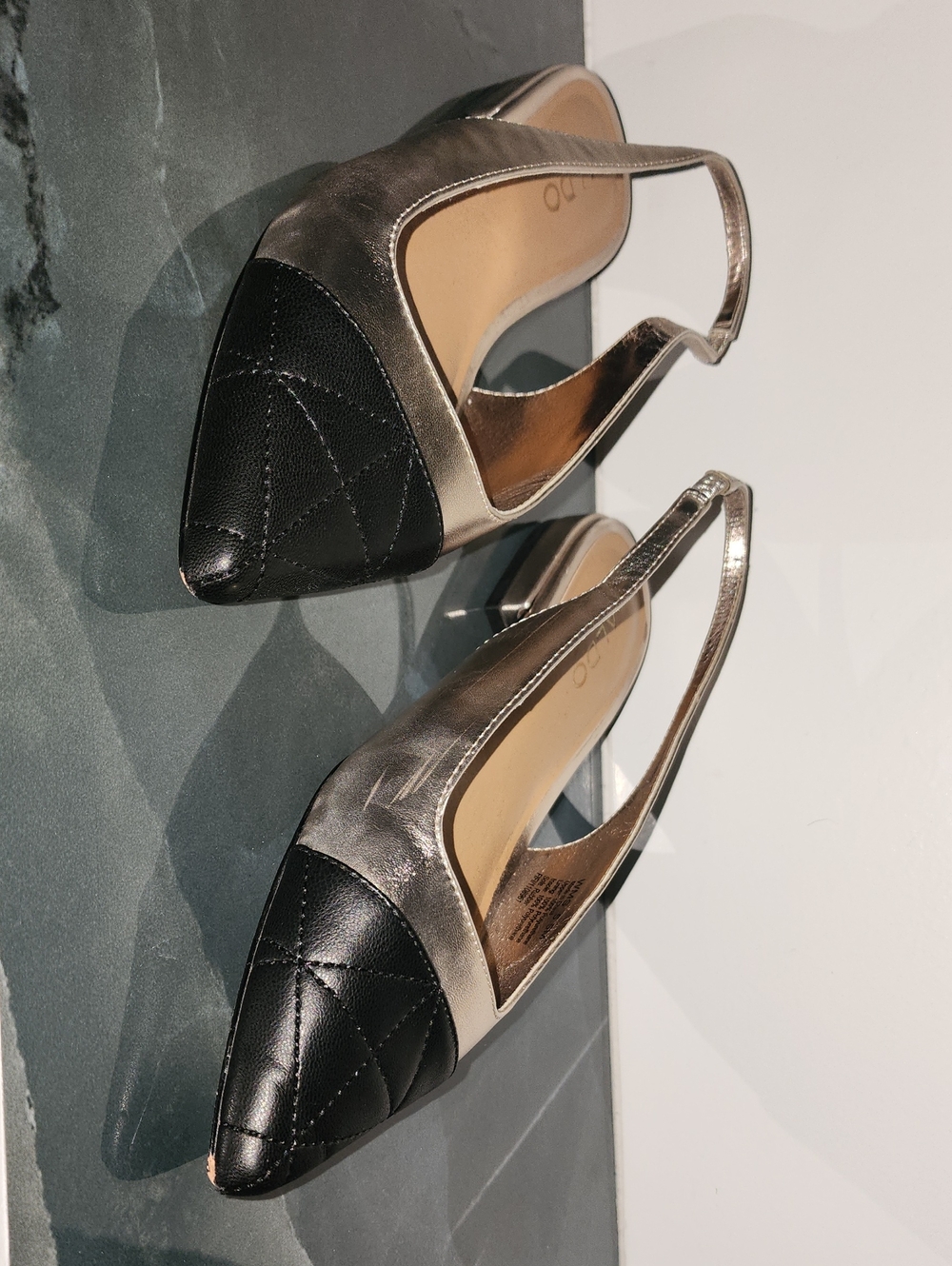 Aldo Metallic Silver Slingback Flats with Black Quilted Cap